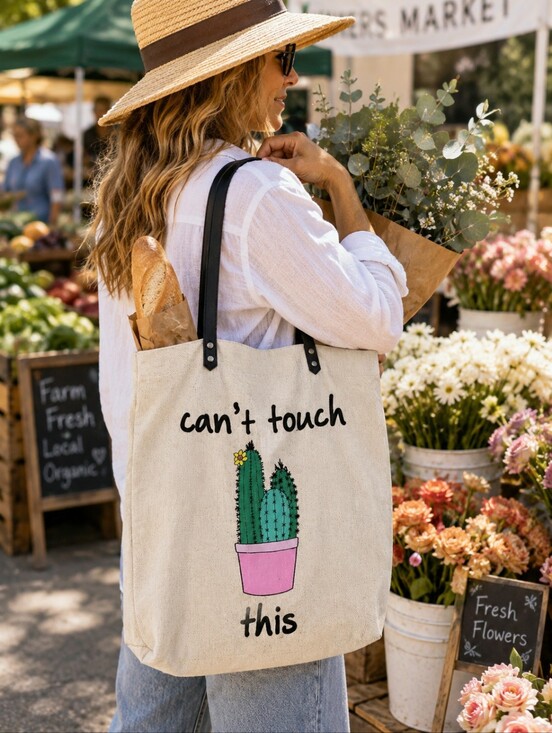 Violet Ray Handbags - NWT Violet Ray Cactus Linen Tote Bag Funny "Can't Touch This" Vegan Leather